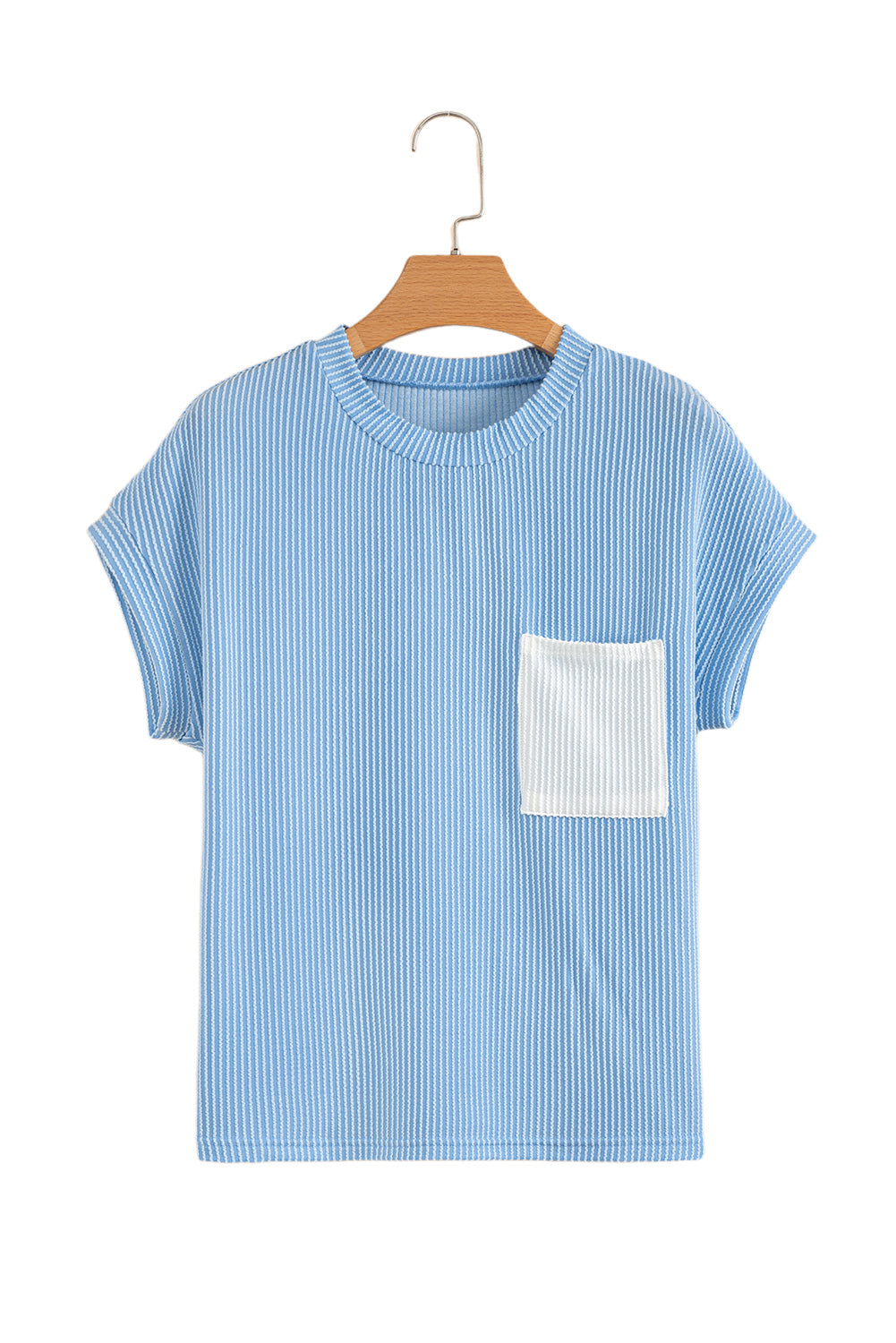 Pink Corded Colorblock Pocket Crew Neck T Shirt