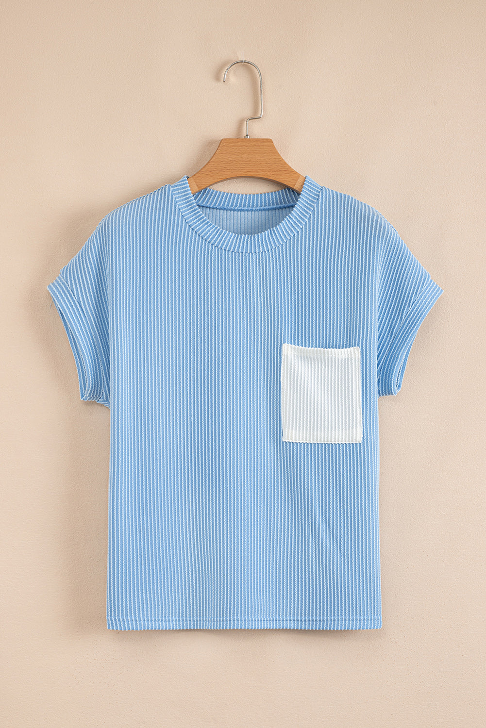 Pink Corded Colorblock Pocket Crew Neck T Shirt