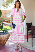 Pink Stripe V Neck Puff Sleeve dress