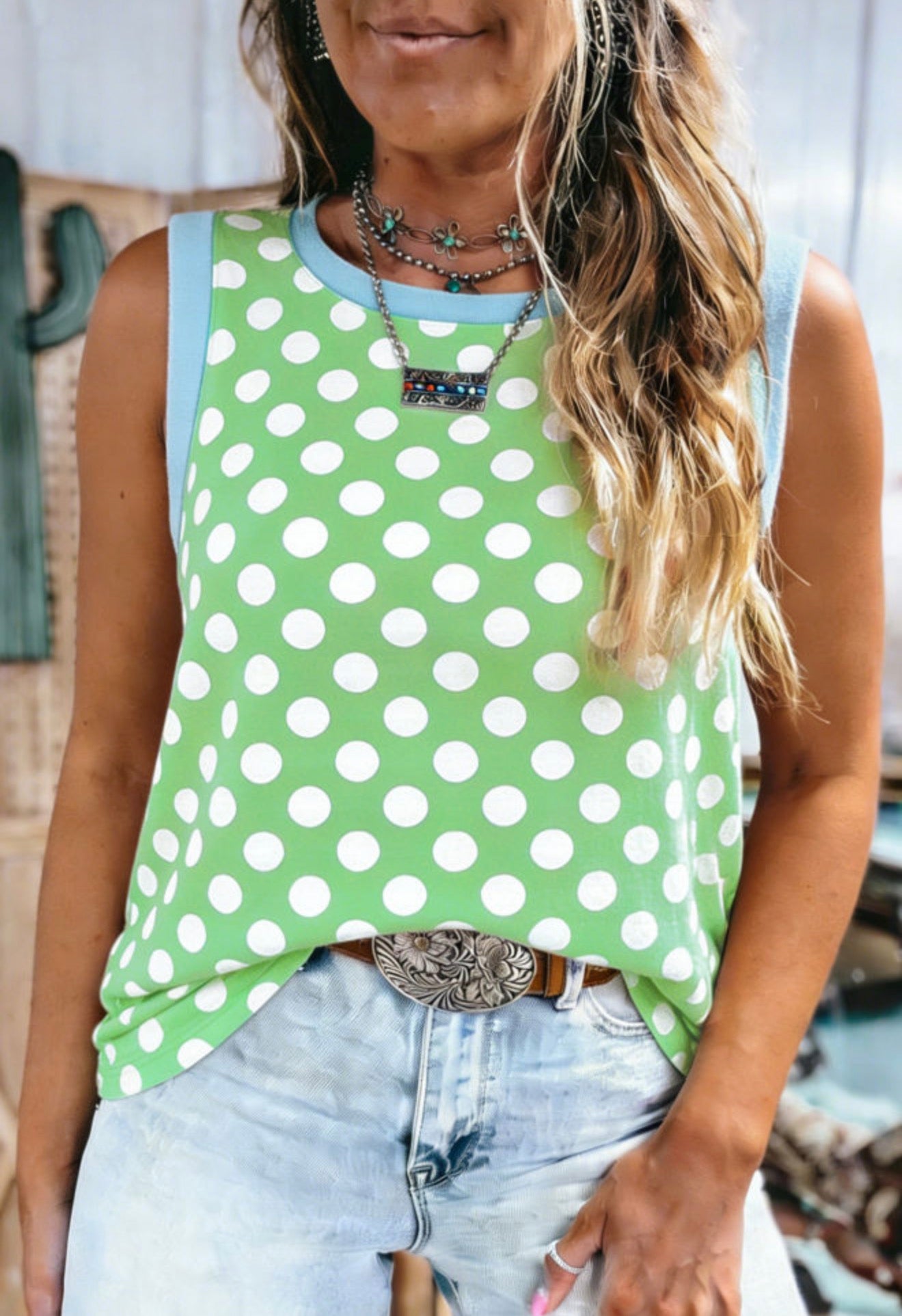 Green Polka Dot Trimmed Tank