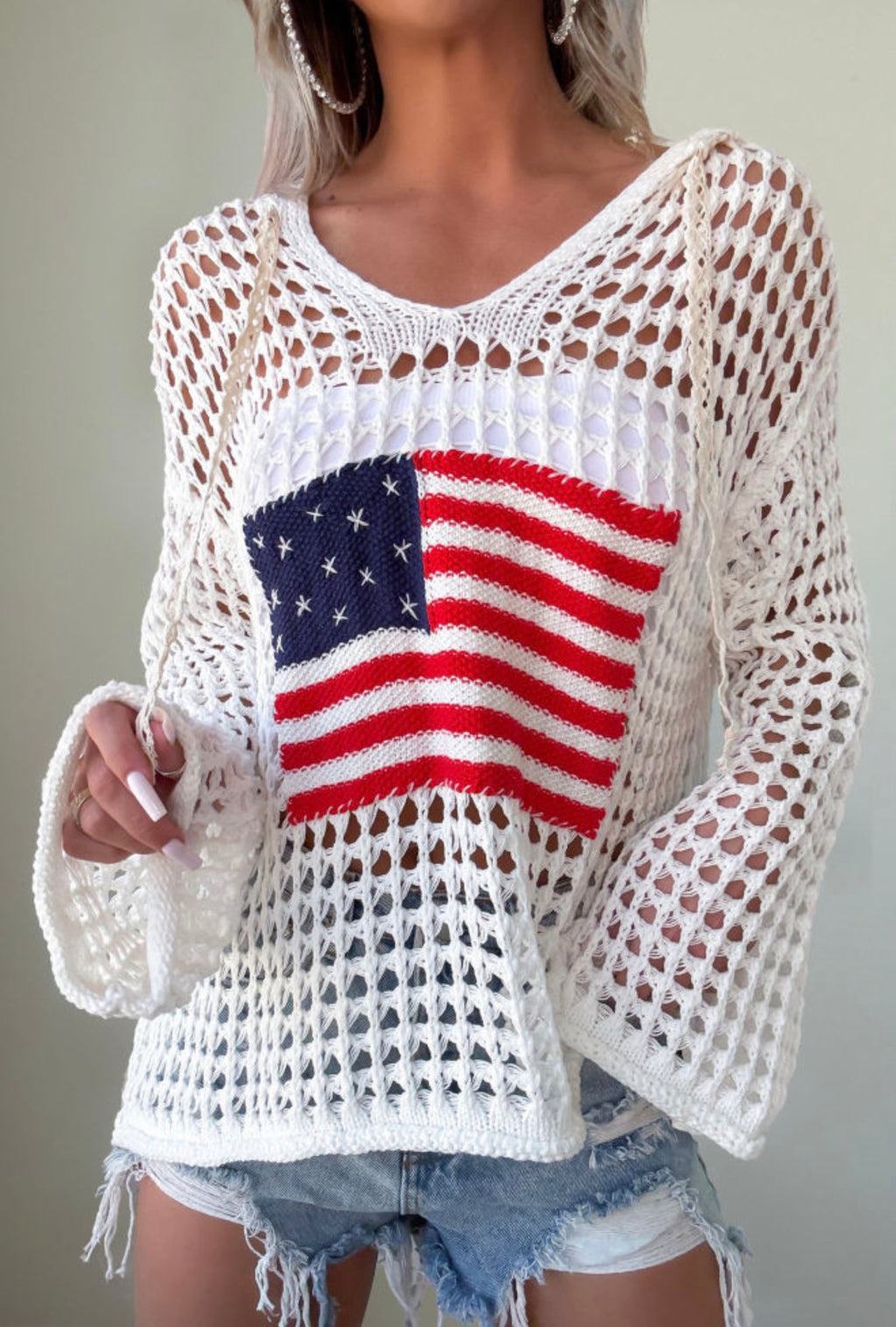 Hollow Out Crochet Knit American Flag Sweater Hoodie