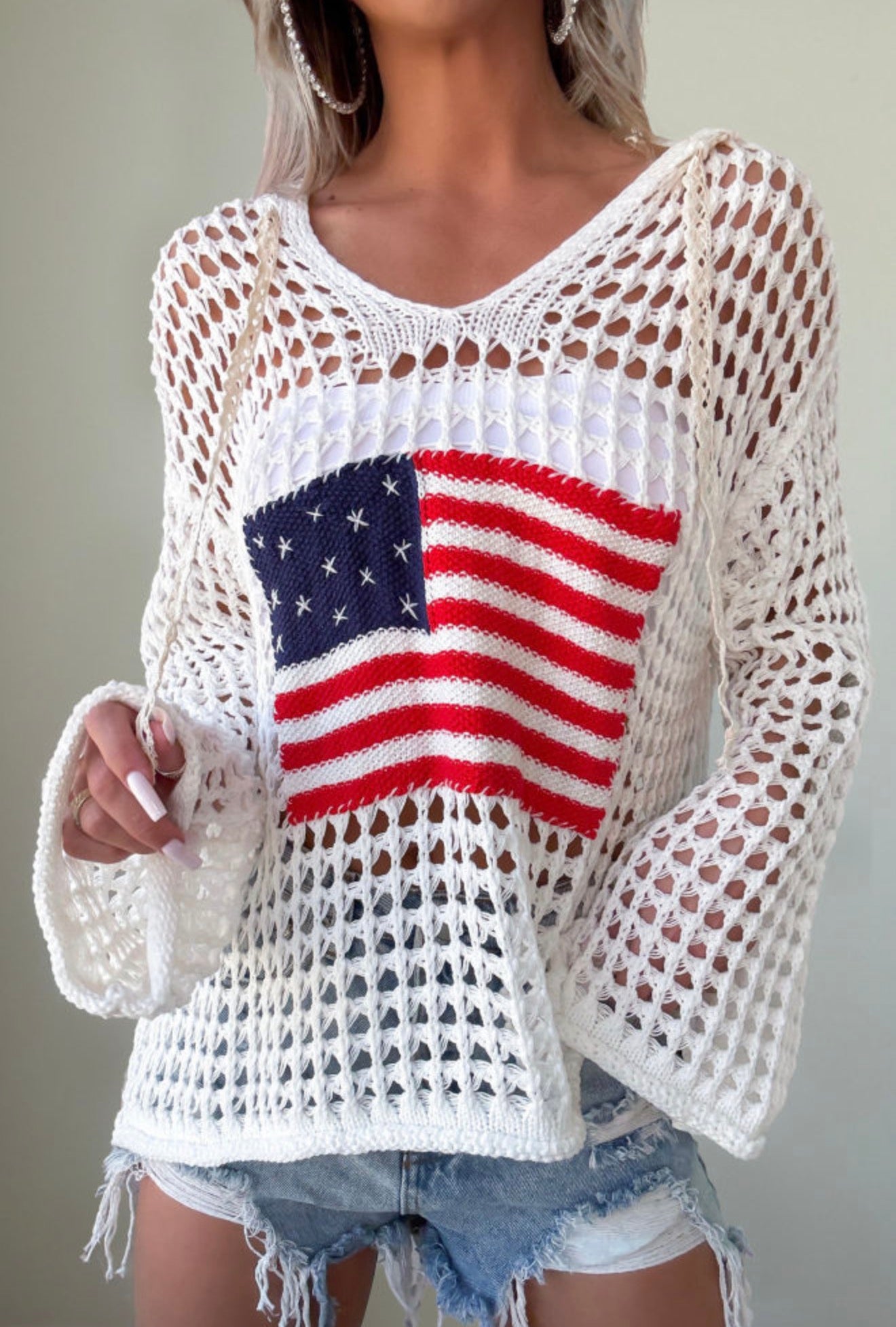 Hollow Out Crochet Knit American Flag Sweater Hoodie