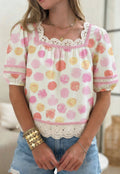 PREORDER** Pink Polka Trim Puff Sleeve Blouse