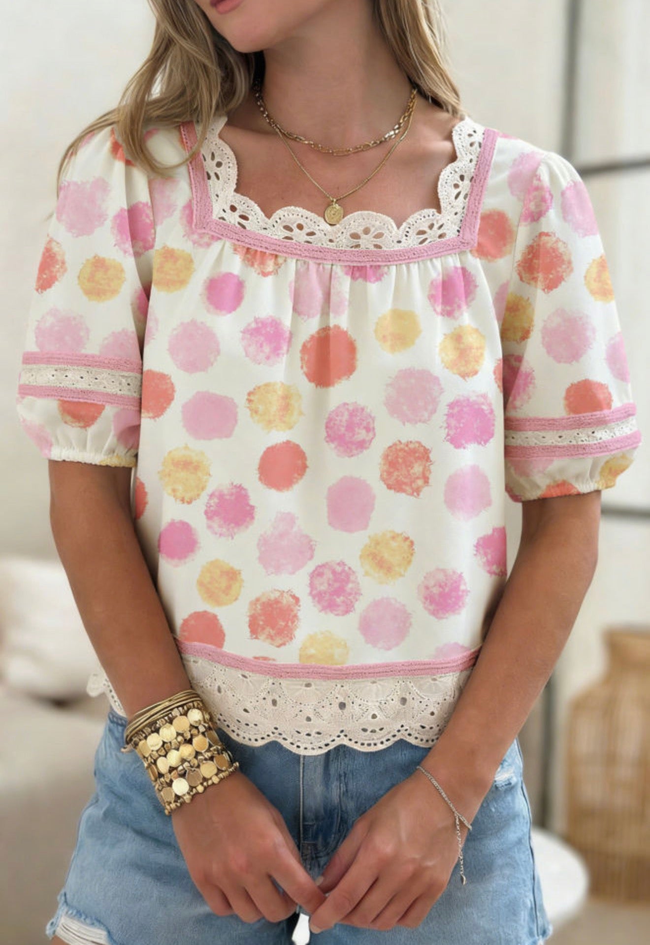 PREORDER** Pink Polka Trim Puff Sleeve Blouse
