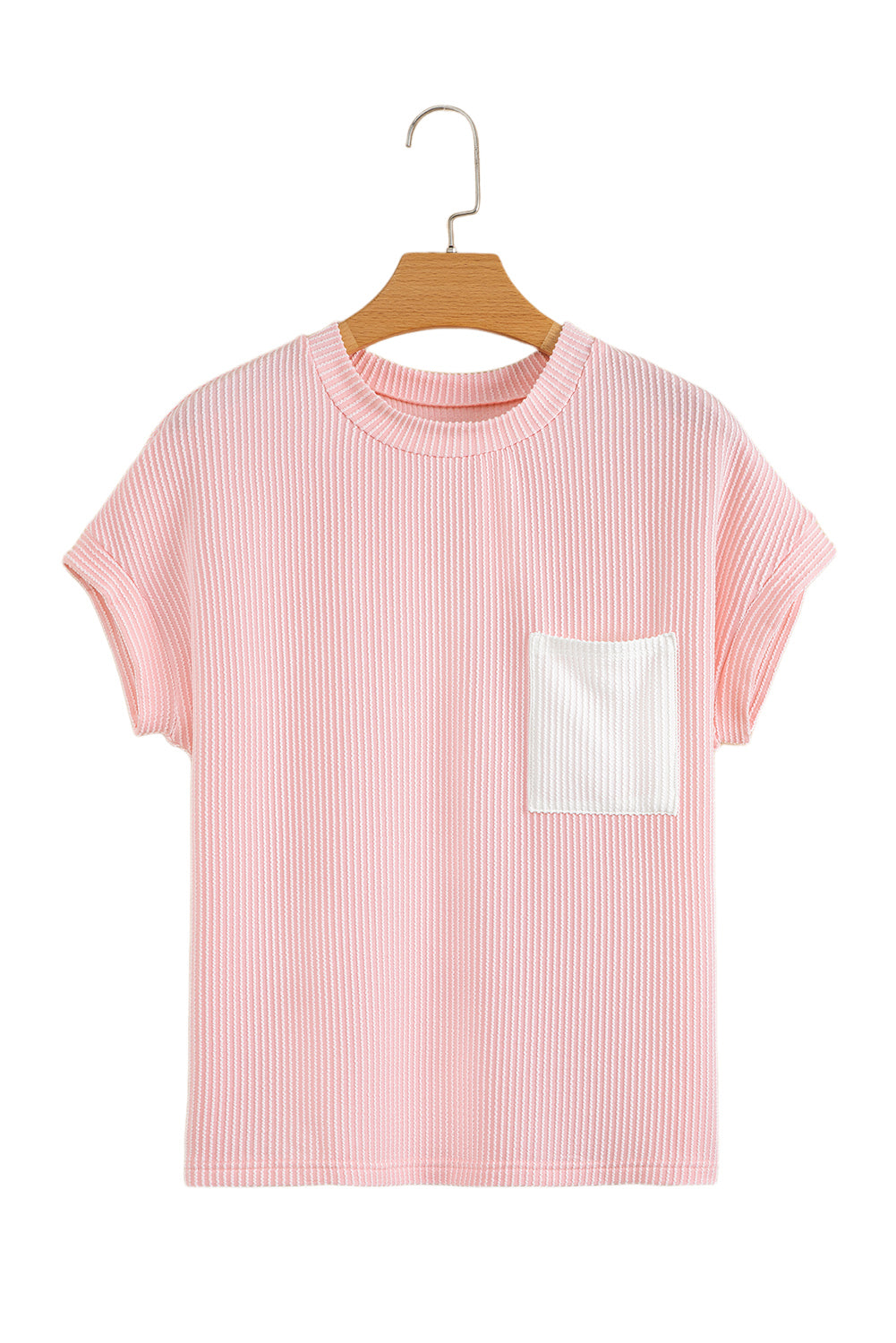 Pink Corded Colorblock Pocket Crew Neck T Shirt